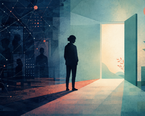 Editorial illustration showing a trafficking survivor moving away from a coercive criminal network toward protection and safety