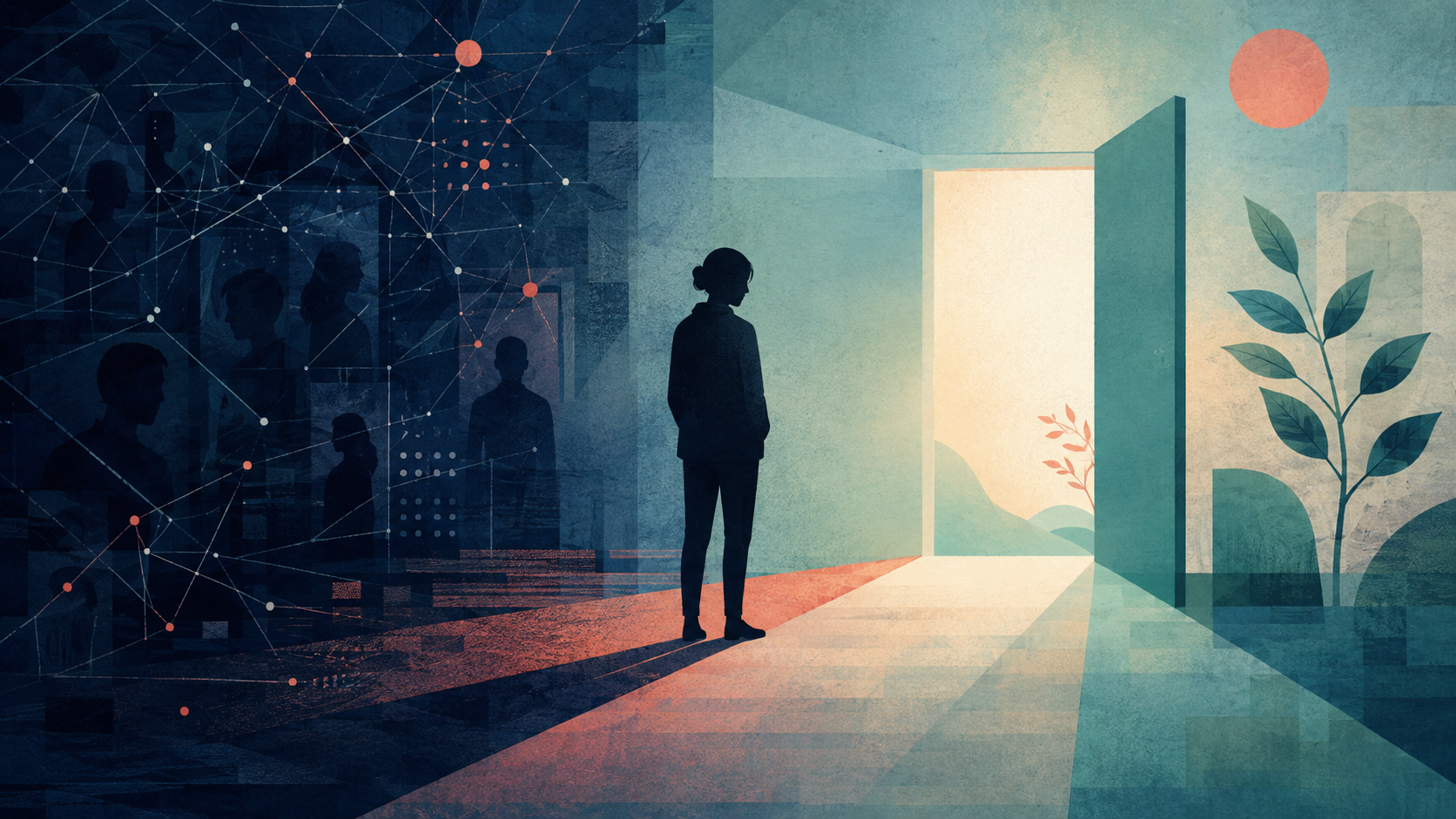 Editorial illustration showing a trafficking survivor moving away from a coercive criminal network toward protection and safety