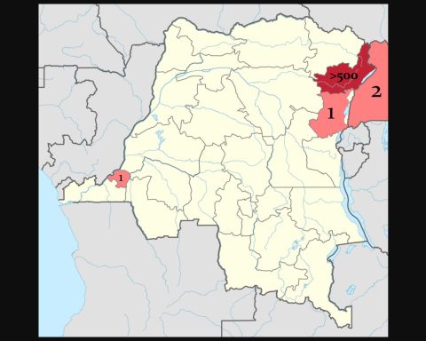 Map of the 2026 Ebola outbreak in Ituri Province and reported cases in Goma, Uganda and Kinshasa
