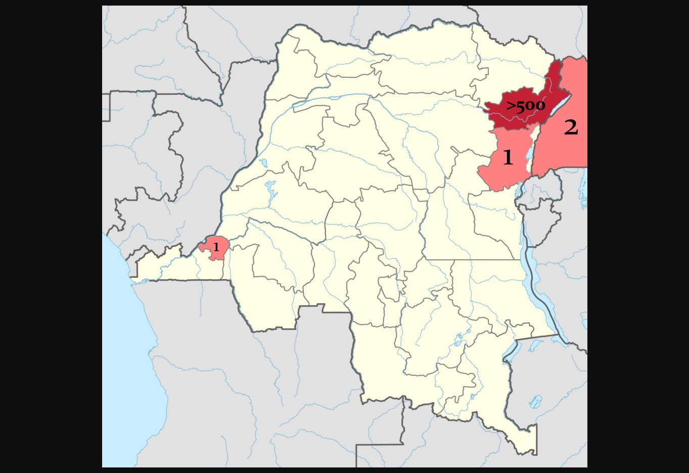 Map of the 2026 Ebola outbreak in Ituri Province and reported cases in Goma, Uganda and Kinshasa
